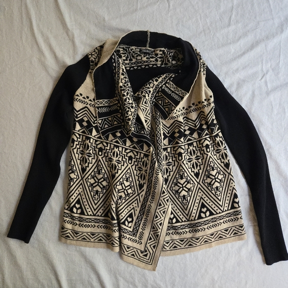 Lucky Brand Aztec Waterfall Open Front Cardigan 100% Cotton Black & Tan Small - Picture 2 of 11